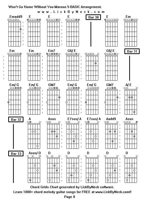 Chord Grids Chart of chord melody fingerstyle guitar song-Won't Go Home Without You-Maroon 5-BASIC Arrangement,generated by LickByNeck software.